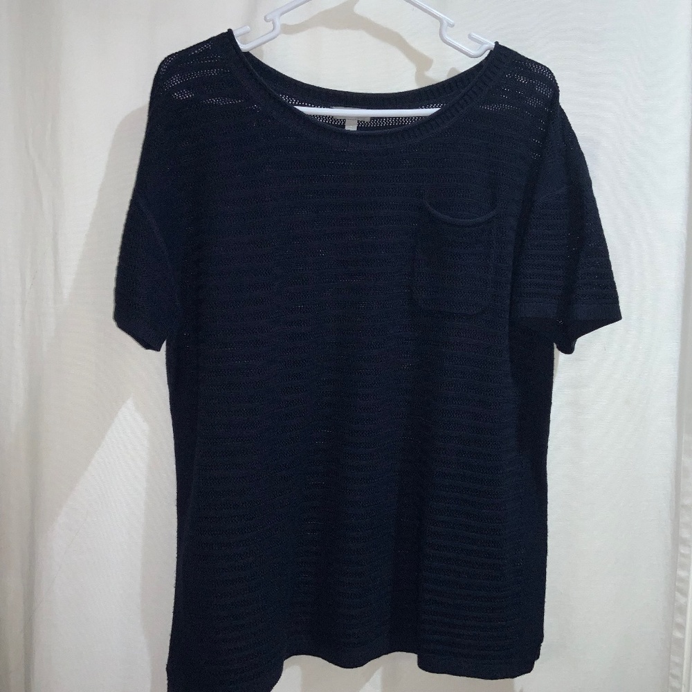 T by Talbots navy blue open knit top Sz L short sleeve